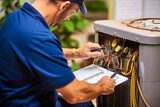 Fototapeta Konie - Efficient HVAC technician thoroughly inspecting a home air conditioning unit, holding clipboard in cool color indoor setting. Exudes professional technical ambiance. 