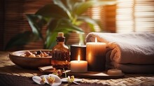 Beautiful Spa Treatment Composition Such As Towels, Candles, Essential Oils, Massage Stones On Light Wooden Background. Blur Living Room, Natural Creams And Moisturising Healthy Lifestyle, Body Care