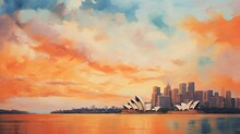  A Painting Of A City Skyline With The Sydney Opera House In The Foreground.  Generative Ai