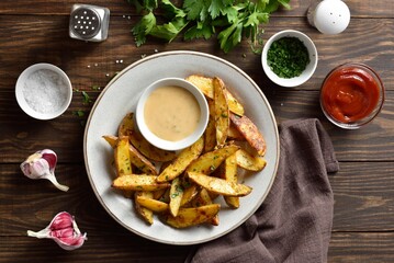 Wall Mural - Baked potato wedges with sauce