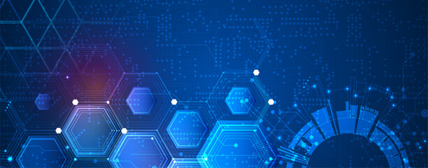 Technology banner design with hexagons abstract background.