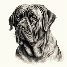 English Mastiff, Engraving Style, Close-up Portrait, Black And White Drawing, Brave Dog