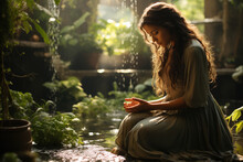 Young Attractive Woman Praying On Her Knees In Nature With Exotic Vegetation And Water Flow, AI Generation