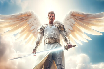 Wall Mural - A shining angel in white clothes with a sword in his hand in the sky on the clouds, a defender of goodness and justice, a warrior of light, generation AI