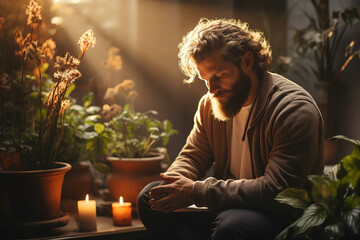 Wall Mural - A middle-aged man prays in a room illuminated by sunlight, AI generation