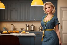 Retro Pin Up Style Portrait Beautiful Blonde Woman At The Kitchen, Teal And Orange. Portrait Of Her She Nice Attractive Glamorous Cheerful Cheery Dreamy Peaceful Housewife Cooking Dishes