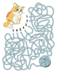 Help cat find the right thread that leads to the ball of wool.. Children logic game to pass the maze. Educational game for kids. Attention task. Choose right path. Funny cartoon character