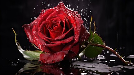 Wall Mural - Red rose water splash on black background, generated by AI