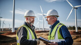 Fototapeta  - Close-up engineer and worker talking at work wind turbine