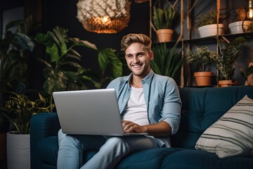 excited young man with laptop at home sitting in the living room