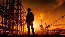 Sunset Golden Glow, A Worker Silhouette On A Construction Site, Generative AI