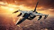 flying over the city in the sunset f16 jet fighter