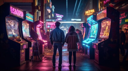 Wall Mural - Loving couple at the arcade, arcade machines, Generative AI