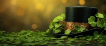 Green Top Hat Surrounded By Clover Leaves And Blurred Background, Saint Patrick's Day Concept, Green And Gold Hat, Generative AI
