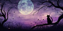 Purple Moonlit Night Scene Featuring A Cat And Tree Branches, Cat In The Forest Watching The Moon, Generative AI