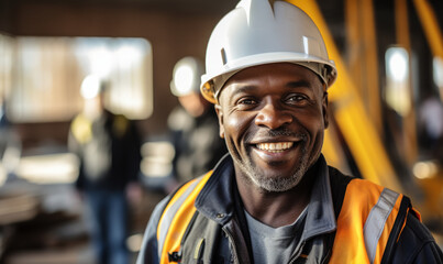 smiling construction worker: a photo of a construction worker smiling, showing his positive attitude