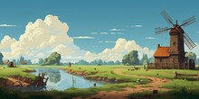 Farm With Prairie And Mill, Countryside With Pastures, Cartoon Style, Cartoon Style Illustration, Generative AI