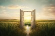 Open door in green grass field at sunset, Generative AI