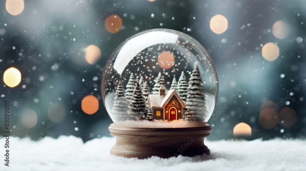 Snow globe with little house and pine trees on the snowy ground and ...