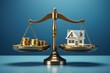 © Kaleb - Scales with house and stack of coins on blue background, real estate market concept, Generative AI