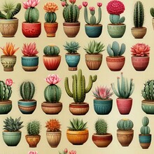 Assorted Cacti And Succulents In A Lined-up Arrangement With Empty Background. Vector Illustration. Tile 