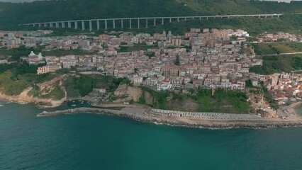 Sticker - Drone shot over the shore of Tropea Beach and Tonnara di Palmi on a cloudy day