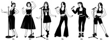 Collection Of Retro Singers Women From 20s To 90s. Black And White Ink Style Vector Cliparts. Microphones With Stands Are The Separate Objects.