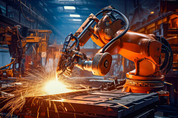 Poster - Industrial robot welding metal in a factory. Automation industry concept