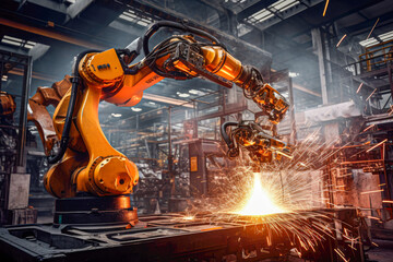 Poster - Industrial robot welding metal in a factory. Automation industry concept