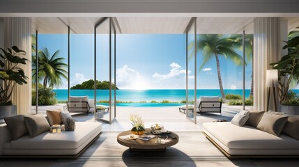 Poster -  a living room with a view of the ocean and palm trees.  generative ai