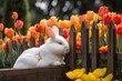 White rabbit in the garden, surrounded by tulips and butterflies., generative IA