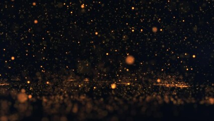 Wall Mural - Fiery hot glowing golden sphere particles falling from the sky, bouncing and exploding into sparks. Looping, full HD abstract particle motion background.