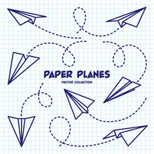 Hand Drawn Planes On Checkered Paper Sheet. School Notebook For Drawing. Doodle Airplane, Dotted Route Line. Aircraft Icon, Simple Monochrome Plane Silhouettes. Outline, Line Art. Vector Illustration