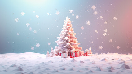 Christmas trees in snow drifts festive realistic 3d new year composition. Soft pastel color blue and pink white. Xmas minimal abstract background. Holiday greeting card, banner.