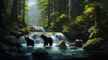 Canvas Print -  a painting of two bears standing in a stream in the woods.  generative ai