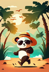 Wall Mural - A funny panda in sunglasses and a hat walks merrily against the backdrop of a seascape with palm trees. AI Generated