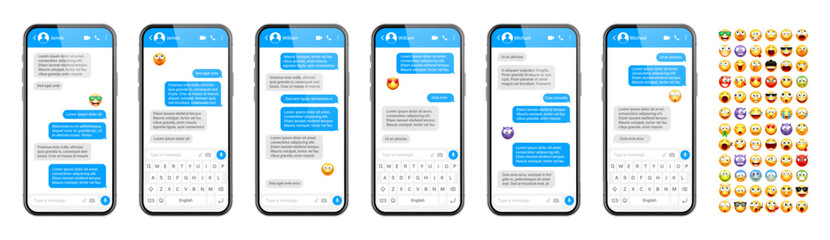 Smartphone messaging app, user interface design with emoji. SMS text frame. Chat screen with blue message bubbles. Texting app for communication. Social media application. Vector illustration