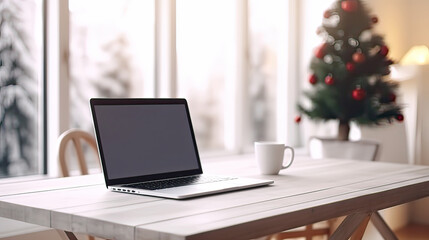 Laptop on Christmas kitchen interior design front view. generative ai