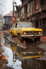 Sticker - a car parked in a puddle of water. Generative AI Art.