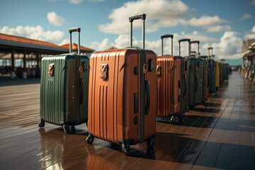 Poster - Suitcases lined up at an airport, set against the backdrop of an airplane. Conveys the concept of travel and the anticipation of embarking on a journey. Generative Ai.