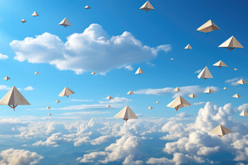 Poster - Depicts paper airplanes flying against a blue sky and clouds, representing the business teamwork concept and the idea of one different vision. Generative Ai.
