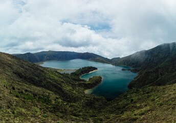 Poster - Scenic view of the mountain lake Azores from the top of a mountain