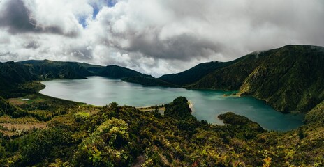 Poster - Scenic view of the mountain lake Azores from the top of a mountain