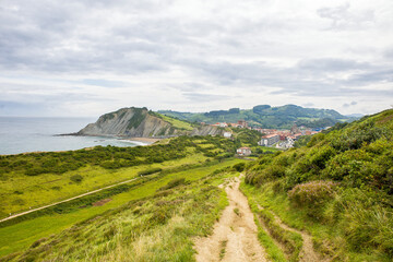 Wall Mural - panoramic view of zumaia and the beach of itzurun with the Way of St. James in the foreground