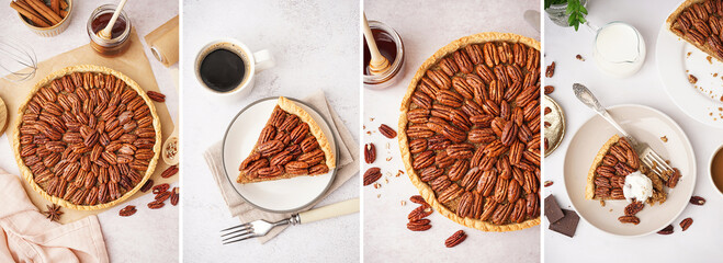 Wall Mural - Collage of tasty pecan pie on light background