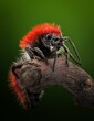 Vertical macro shot of a red velvet ant on a wooden branch