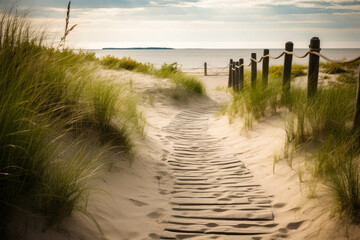 A meandering sandy timber trail leading to the beach amidst the grassy dunes in summer