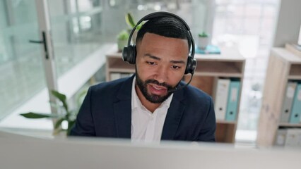 Aufkleber - Call center, employee and man with telemarketing, customer service and advice with tech support, crm and help. Professional, agent and consultant with headphones, talking and ecommerce in a workplace