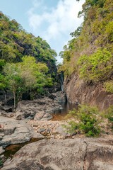 Poster - a very small stream near the side of a canyon surrounded by greenery