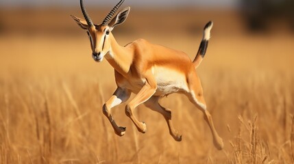 Poster -  an antelope running through a field of tall grass.  generative ai